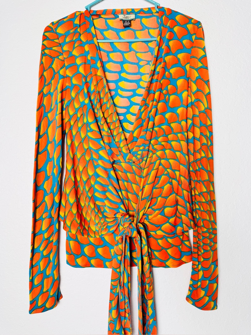 Issa London Top Size Medium 8 Orange Blue Long Sleeve Waist Tie V Neck